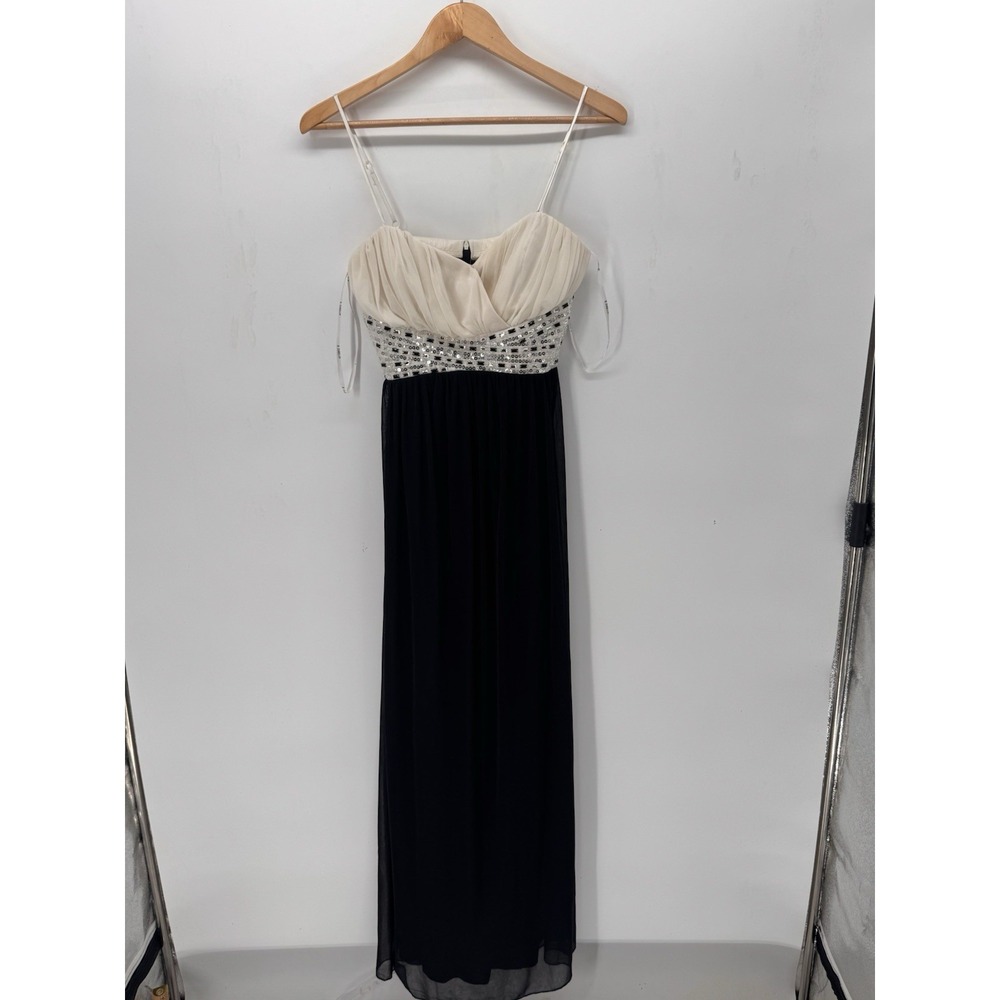 B Darlin Spaghetti Strap Sequin Belt Formal Dress Black White Prom Gown Sz 7/8